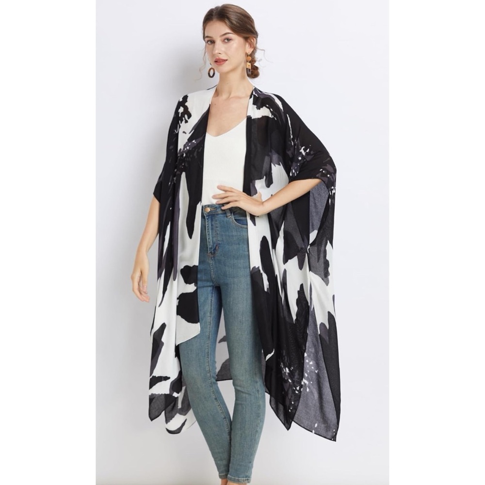 Kimono Swimsuit Cover Up Cardigan Black and White Abstract Print